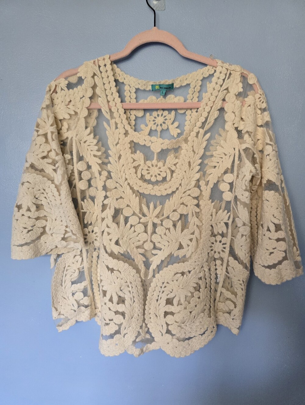 My Emblem Cream Crochet Lace Overlay Top L